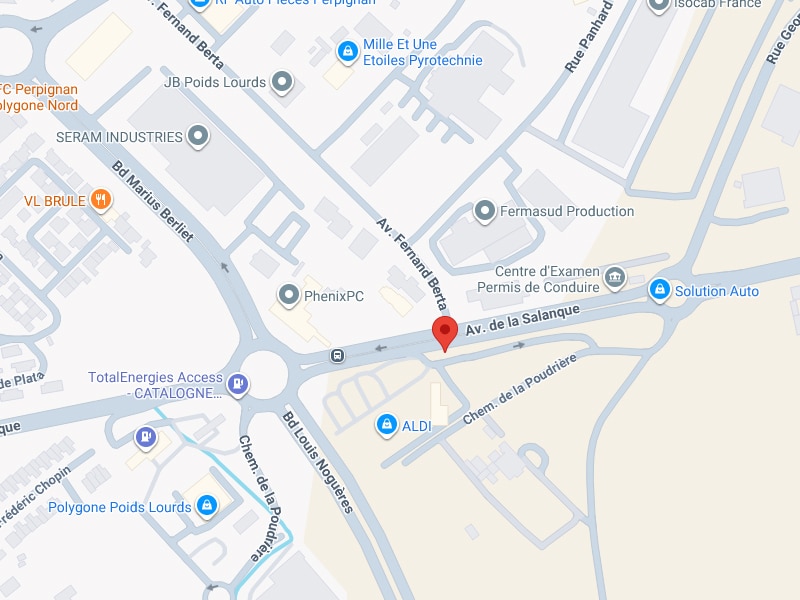 Carte Perpignan : Avenue de la Salanque et Commerces Plan de l'avenue de la Salanque à Perpignan avec un repère rouge, près du magasin ALDI et du boulevard Louis Noguères.