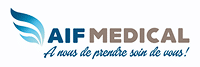 AIF MEDICAL - Services de santé et soins aux patients Logo AIF MEDICAL avec aile stylisée bleue et slogan À nous de prendre soin de vous ! en bleu et taupe.
