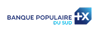 Logo Banque Populaire du Sud : Banque Régionale Française Logo Banque Populaire du Sud, texte bleu marine et ciel avec icône +X blanche stylisée.