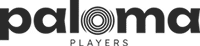 Paloma Players : Logo musical avec ondes sonores stylisées Logo Paloma Players noir, texte stylisé avec lettre o en ondes concentriques évoquant le son.